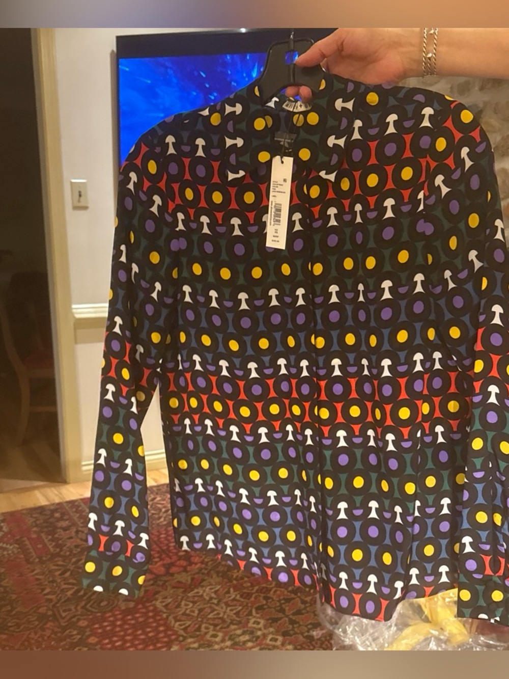 Alice + Olivia Black Blouse with Multicolor Dot Motif